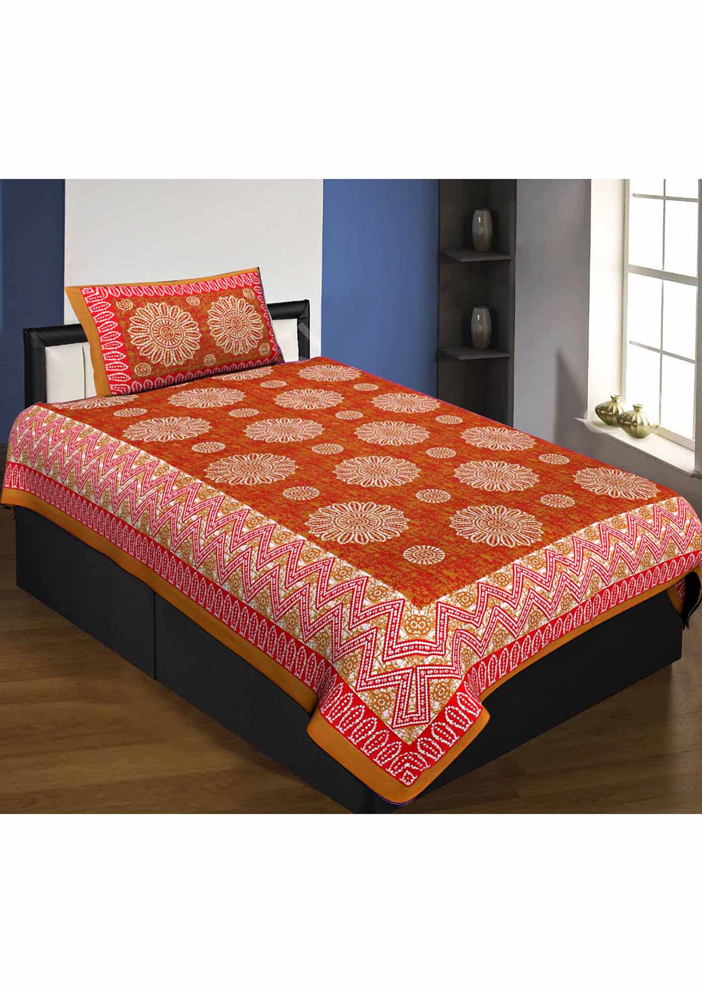 Single Bedsheet Pure Cotton Premium Brown Border Flower Print Zig Zag Pattern