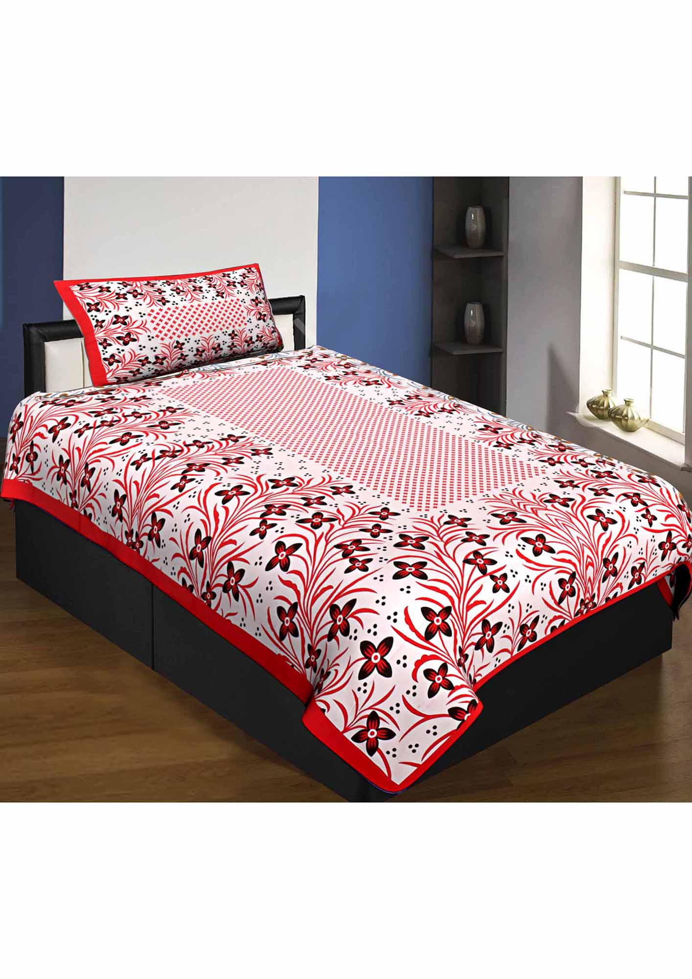 Single Bedsheet Pure Cotton Premium Red Border with Flower and Leaf Pattern