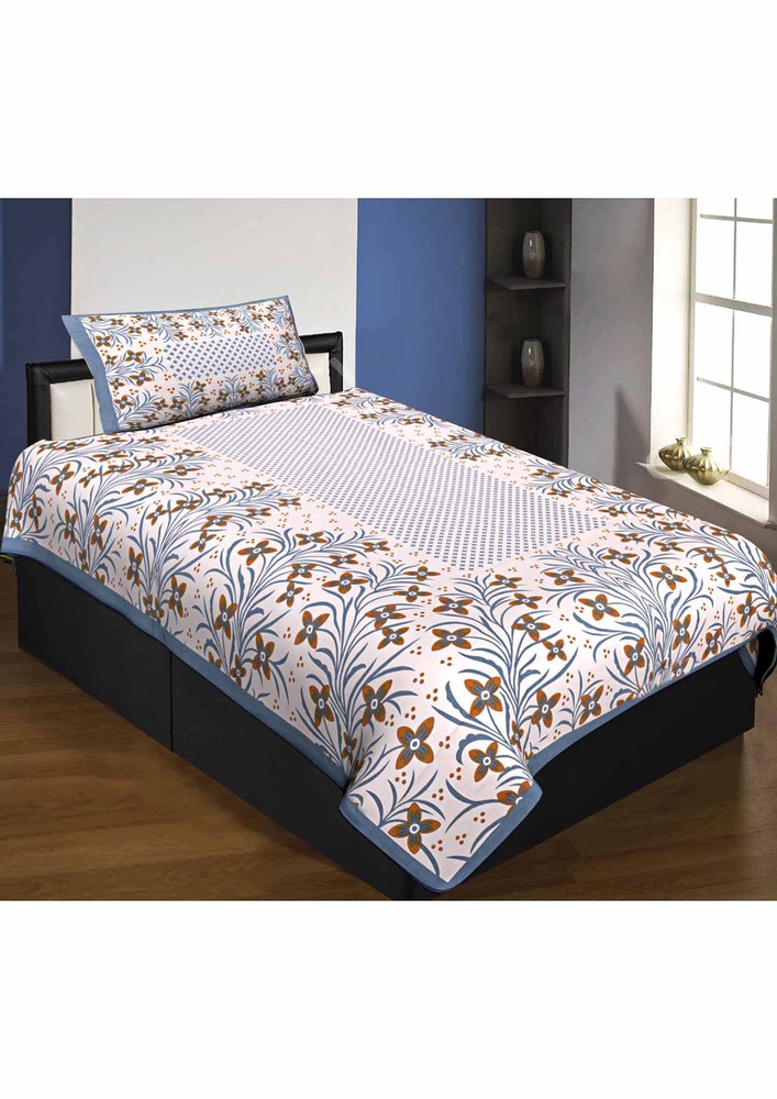 Single Bedsheet Pure Cotton Premium Gray Border with Flower and Leaf Pattern