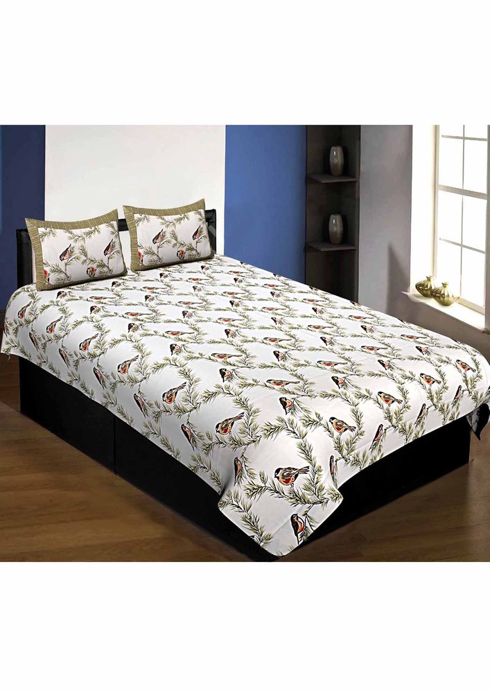 Pure Cotton Premium 240 Tc Single Bedsheet Indian Bird Print Green Taxable