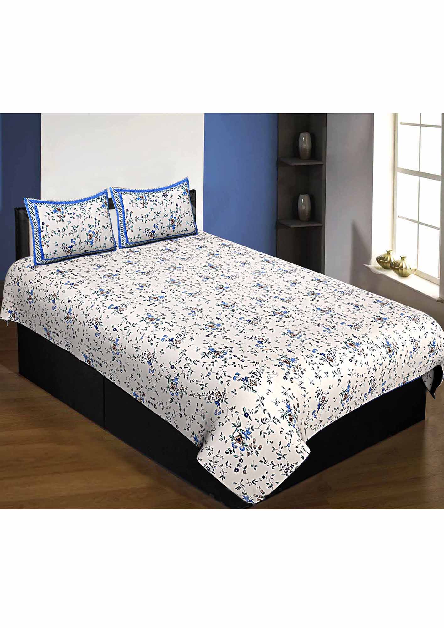 Pure Cotton Premium 240 TC Single Bedsheet in Blues floral pattern