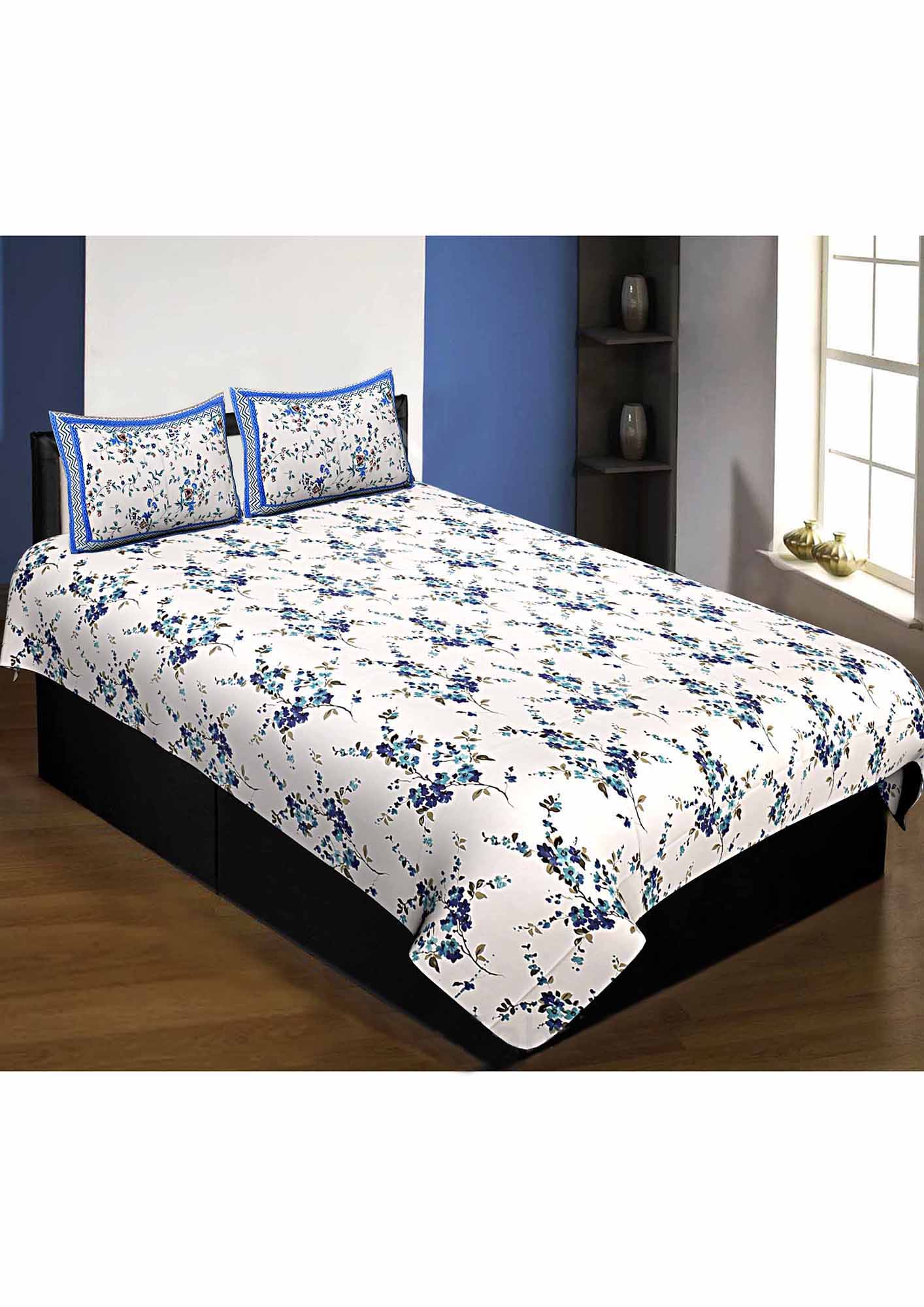 Pure Cotton Premium 240 TC Single Bedsheet in blue motif floral print taxable