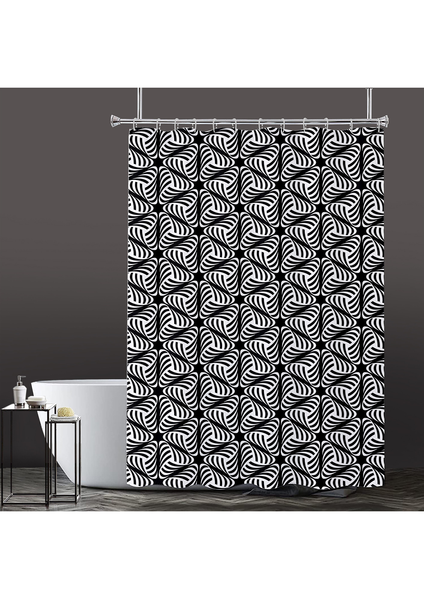 Lushomes Bathroom Shower Curtain with 12 Hooks and 12 Eyelets, Printed Desginer Swirly Triangles Bathtub Curtain, Non-PVC, Water-repellent bathroom Accessories, Black/White,  6 Ft H x 6.5 FT W (72 Inch x 80 Inch, Single Pc)