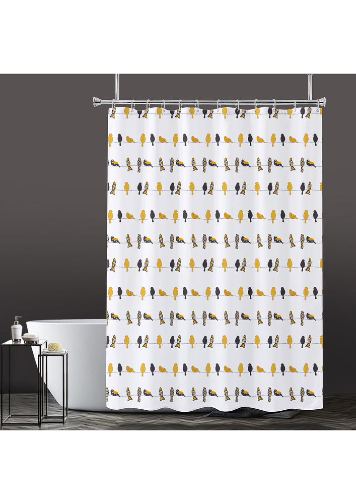 Lushomes Bathroom Shower Curtain with 12 Hooks and 12 Eyelets, Printed Birds Desginer Bathtub Curtain, Non-PVC, Water-repellent bathroom Accessories, Yellow, 6 Ft H x 6.5 FT W (72 Inch x 80 Inch, Single Pc)