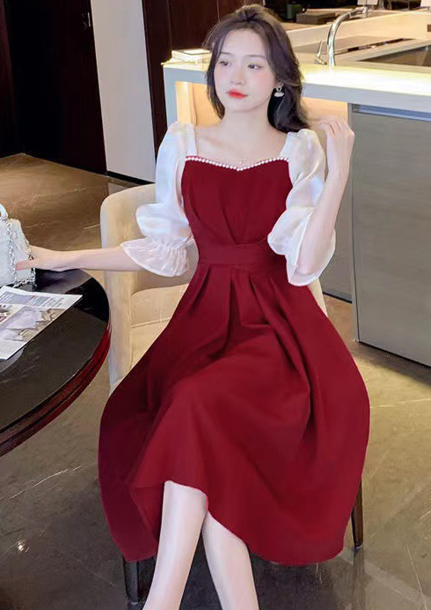 PUFFED UP STYLE RED DRESS