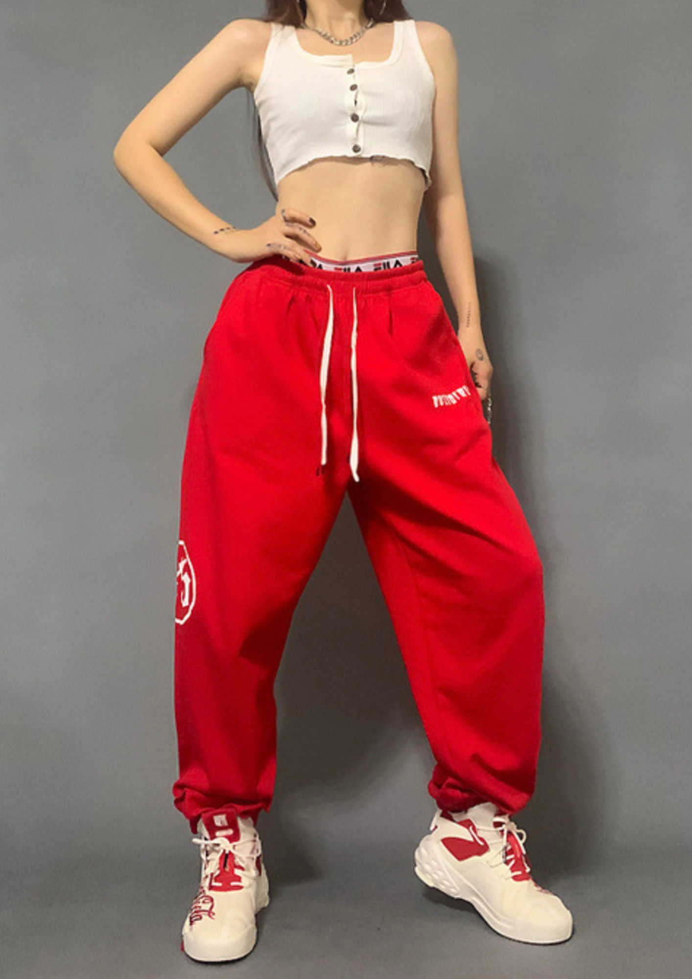 Buy RED LOOSE PRINTED MID-RISE JOGGERS for Women Online in India