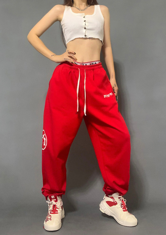 RED LOOSE PRINTED MID-RISE JOGGERS