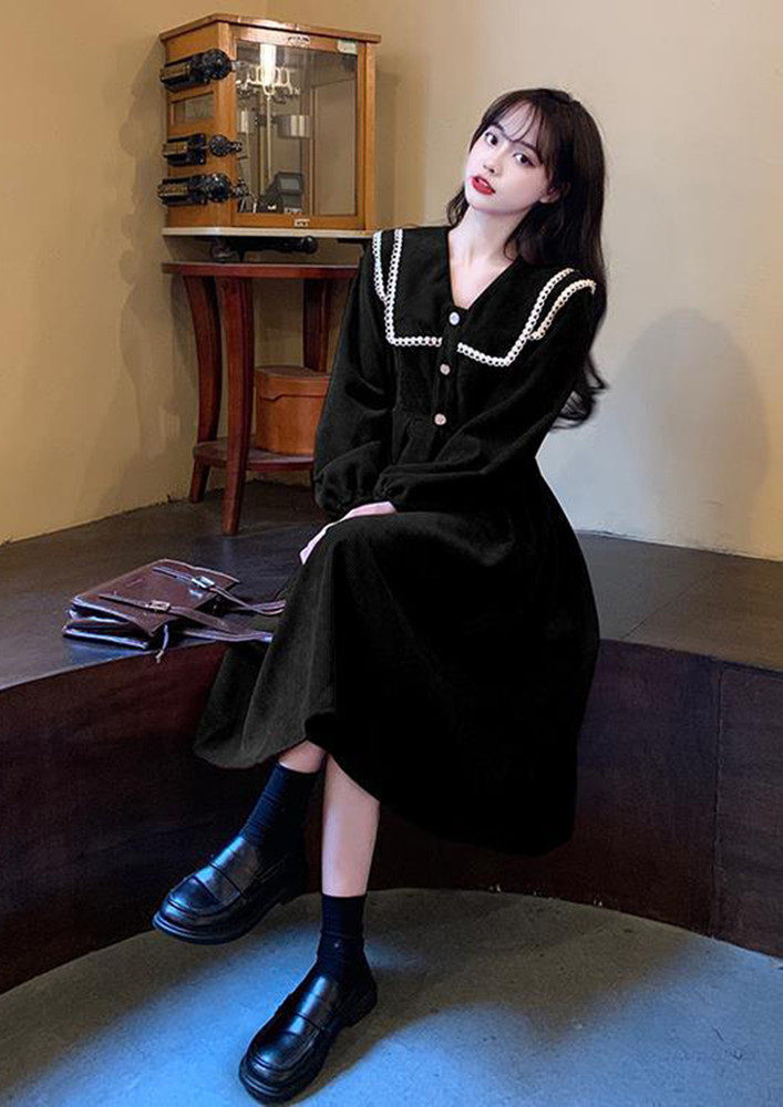 Vintage Girl's Black Corduroy Midi Dress