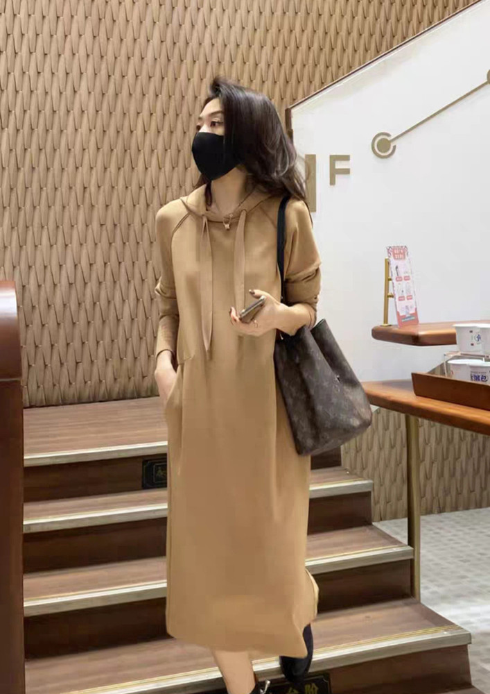 SOLID DOUBLE POCKET BROWN HOODED MIDI DRESS
