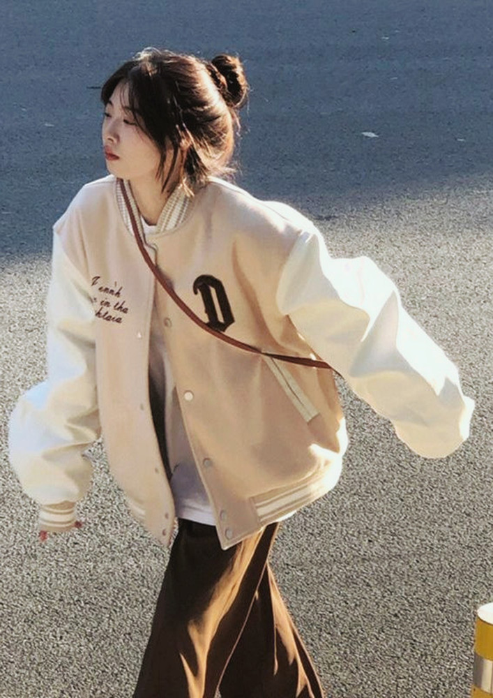 BEIGE AND OFF-WHITE PRINTED BOMBER JACKET