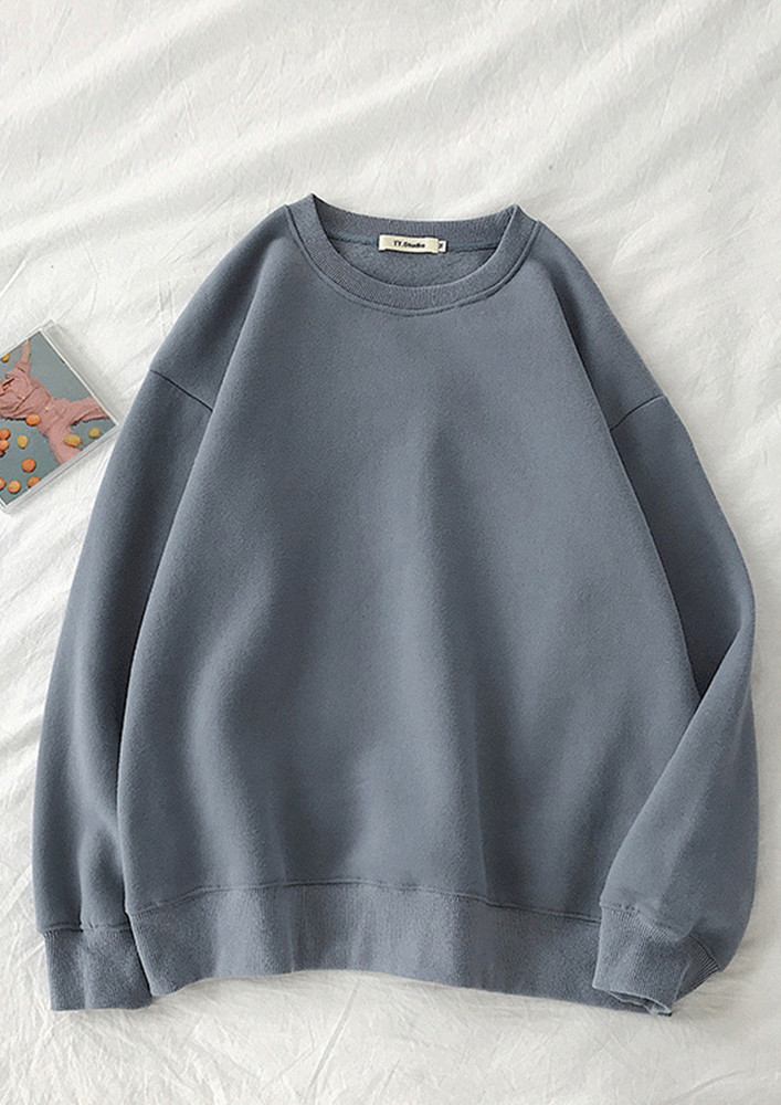 GREY RELAXED FIT POLYESTER SOLID COLOUR SWEATSHIRT