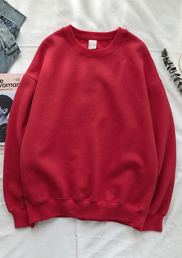 RED RELAXED FIT POLYESTER SOLID COLOUR SWEATSHIRT