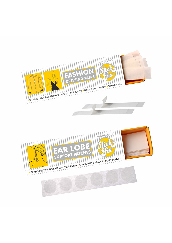 SlickFix Trial Pack Combo - Fashion Dressing Tape & Ear Lobe Support Patches (18 pcs each)