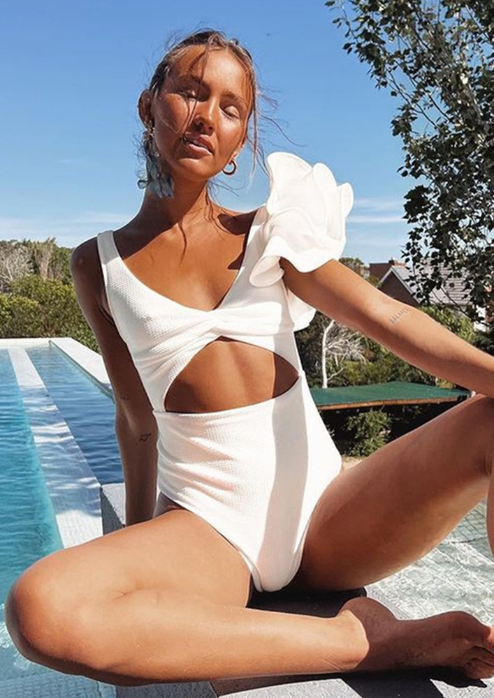 RUFFLED SLEEVE WHITE CUT-OUT SWIMSUIT