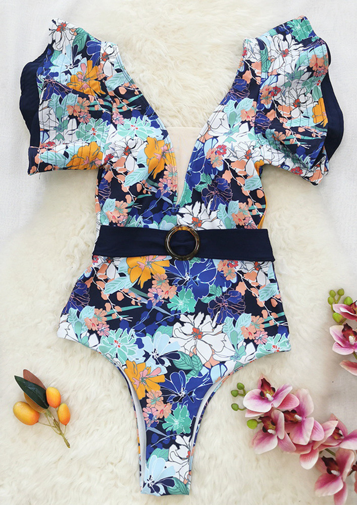 BLUE PRINTED FRILLY SLEEVE SWIMSUIT