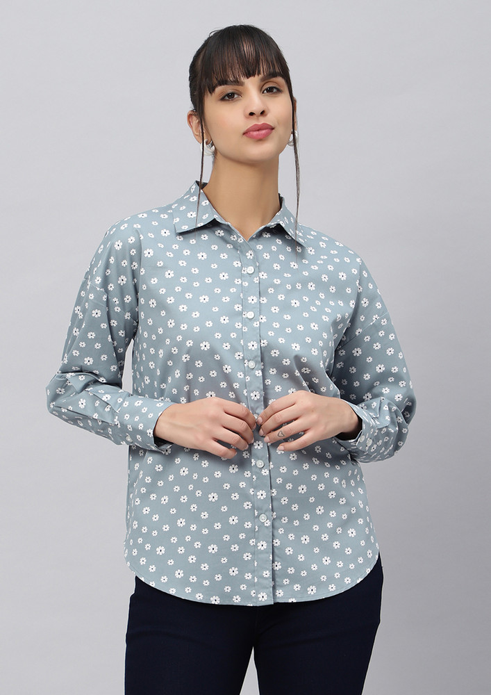 Dusty Grey Printed Loose Fit Shirt
