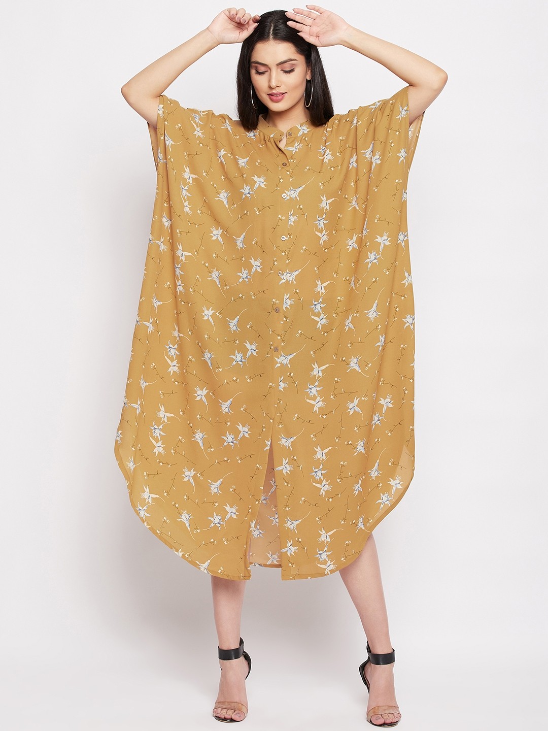 Mustard floral Kaftan Shirt Dress