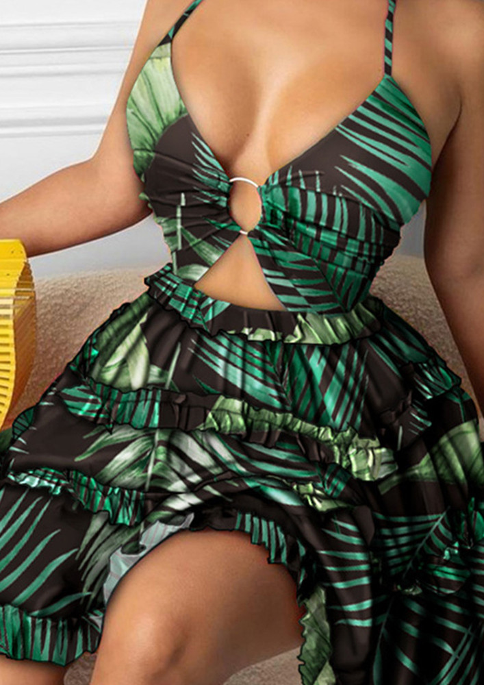 GREEN CUT-OUT TIERED SKATER DRESS