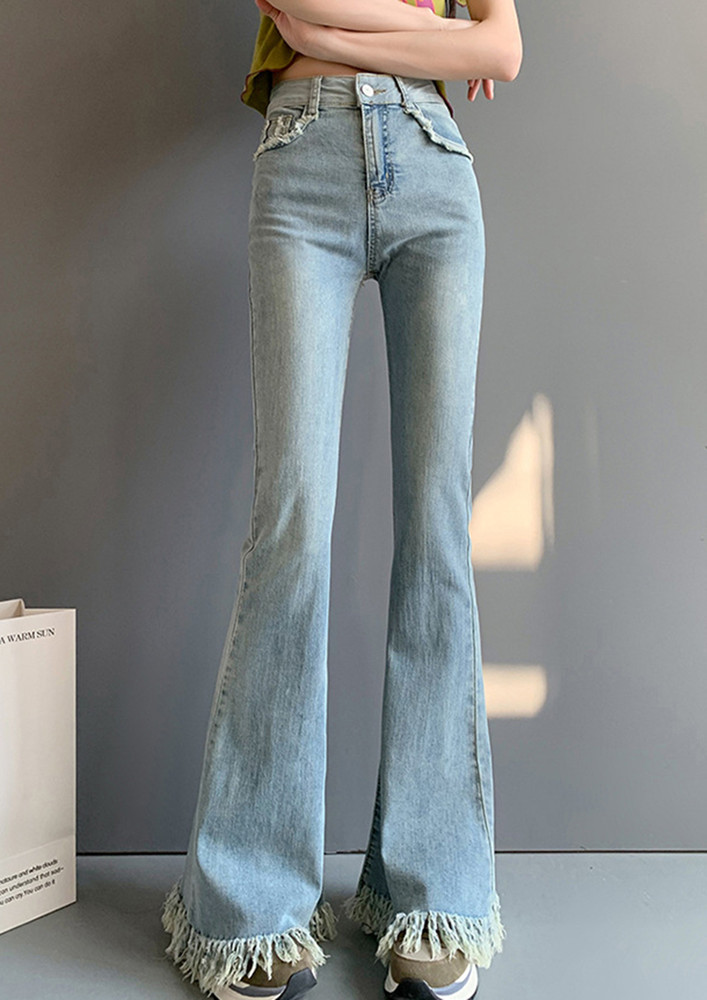 BLUE RAW-TRIMMED Y2K FLARE JEANS