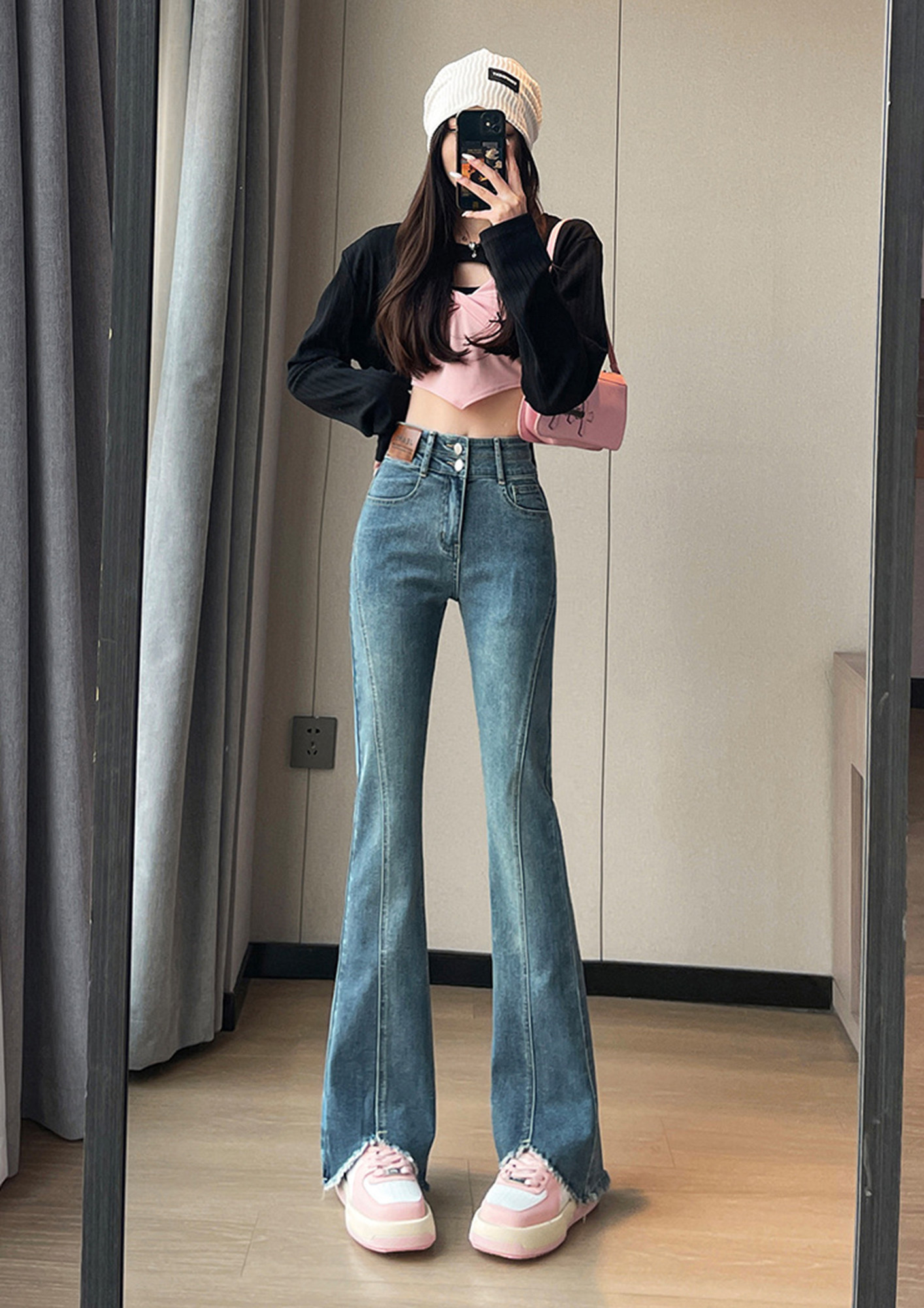 High-waist Double-button Flare Jeans