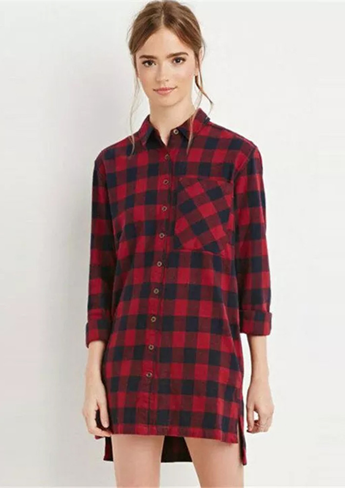 DEEP RED SINGLE-POCKET CHECKERED SHIRT DRESS