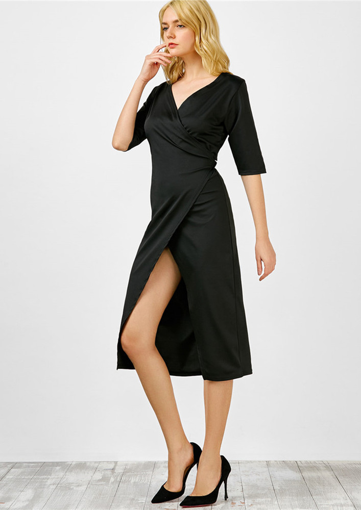 Pretty Black Cut-out Hem Wrap-up Midi Dress