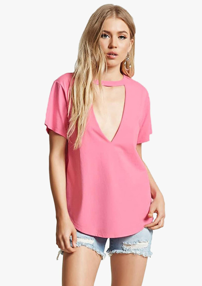 Classic Plunging Choker Neck Solid Pink T-shirt