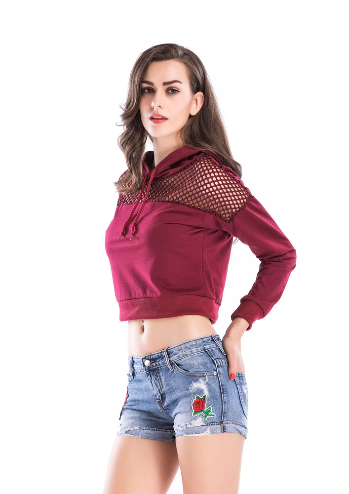 Hollow-out Shoulder Cropped Hooded Crimson Top