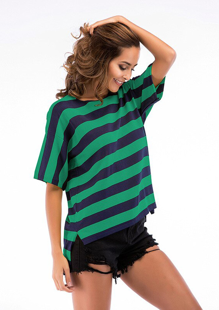 GREEN AND BLUE RELAXED FIT STRIPED T-SHIRT