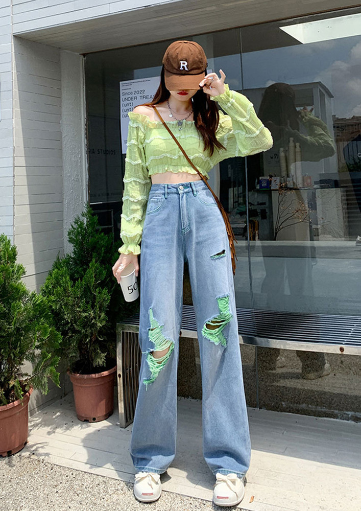 GREEN HIGH-RISE RIPPED WIDE LEG JEANS