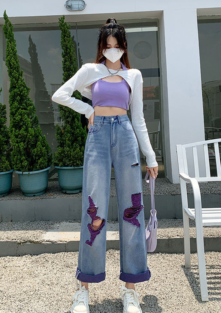 PURPLE HIGH-RISE RIPPED WIDE LEG JEANS
