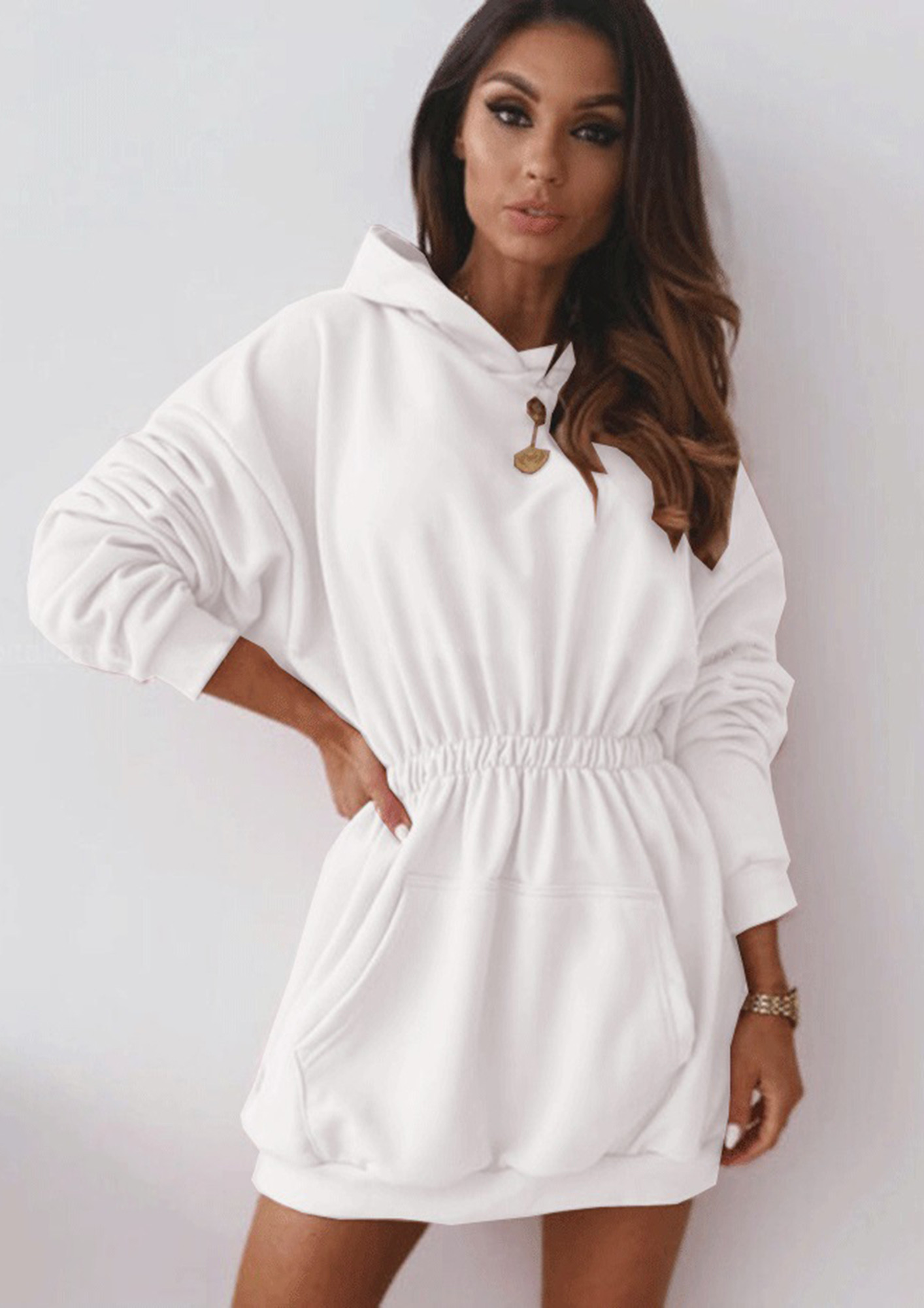 SOLID CINCHED-WAIST WHITE HOODIE DRESS