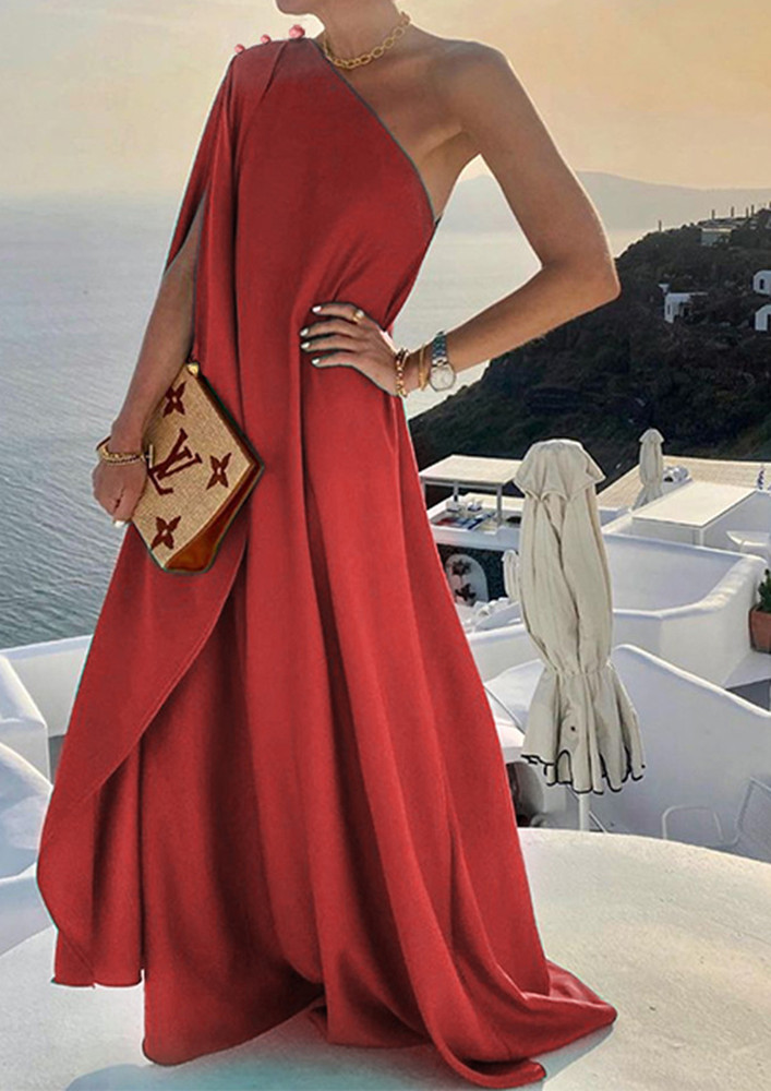 RED CAPE-DETAIL ASYMMETRICAL DRESS