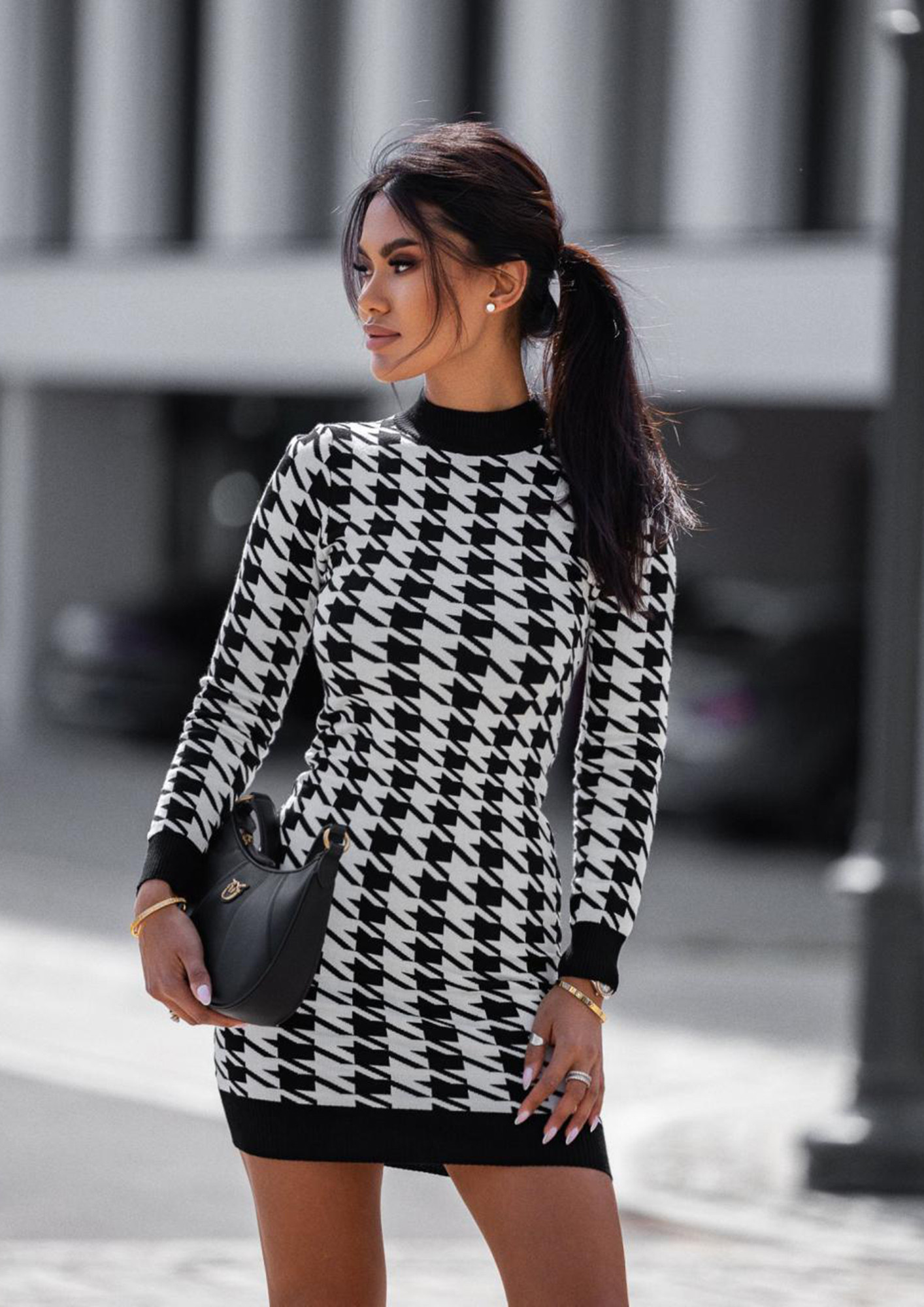 Buy BROWN FULL-SLEEVES HOUNDSTOOTH BODYCON DRESS for Women Online in India
