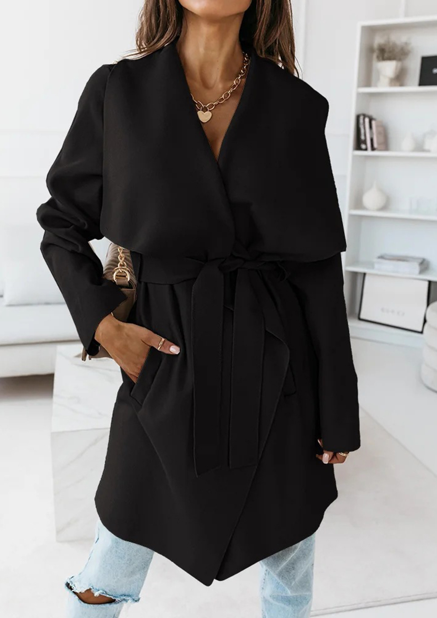 Buy LAPEL NECK POLYESTER WAIST-TIE BLACK TRENCH COAT for Women