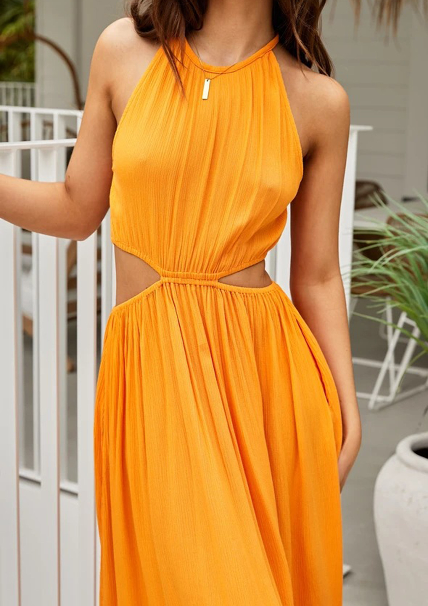 Buy CUT-OUT HALTER NECK YELLOW MAXI DRESS for Women Online in India