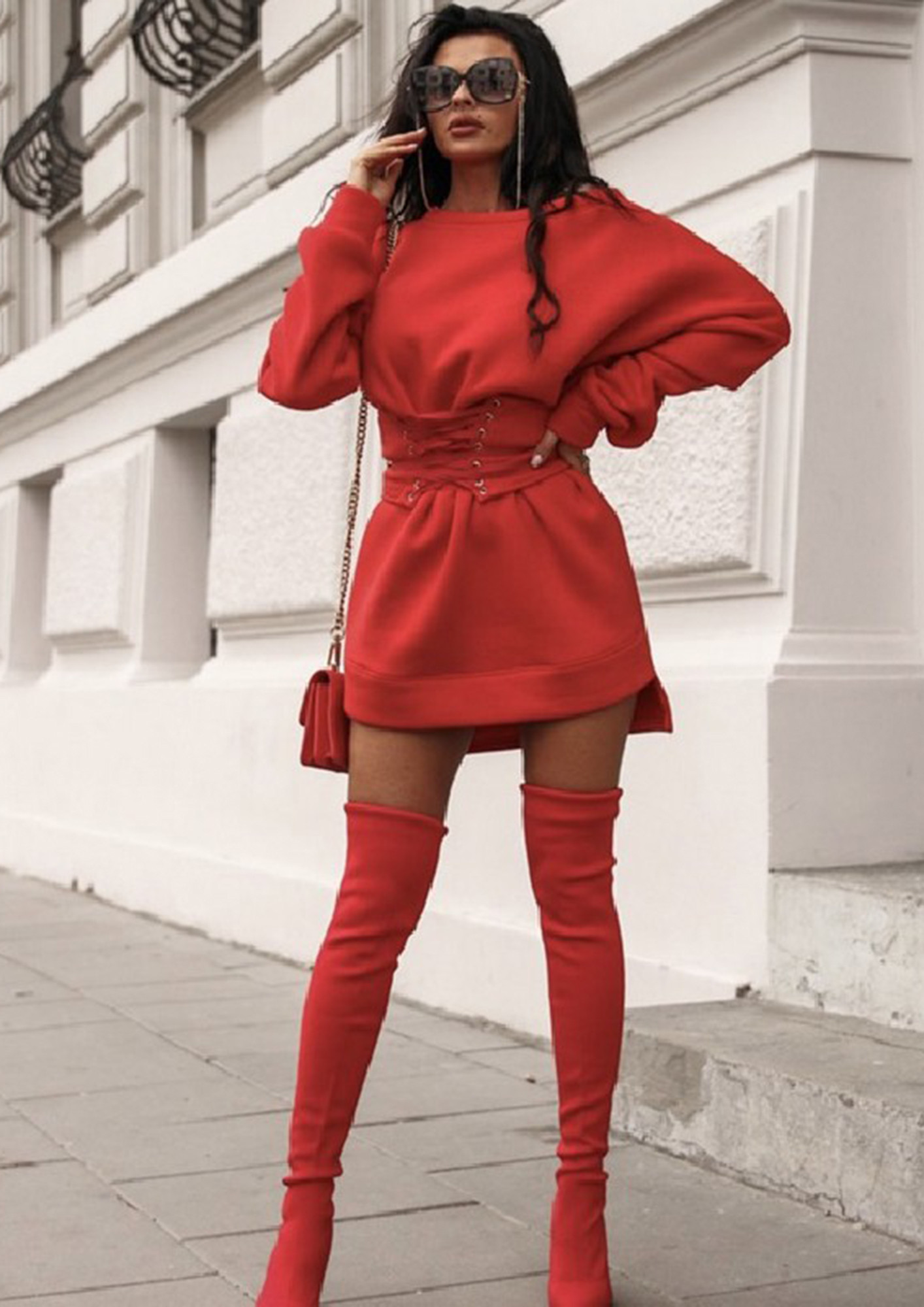 BUSY LADY RED LACE-UP DRESS