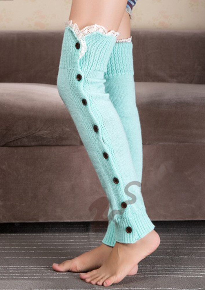 Contrast Buttoned Lace Trim Blue Leg Warmer