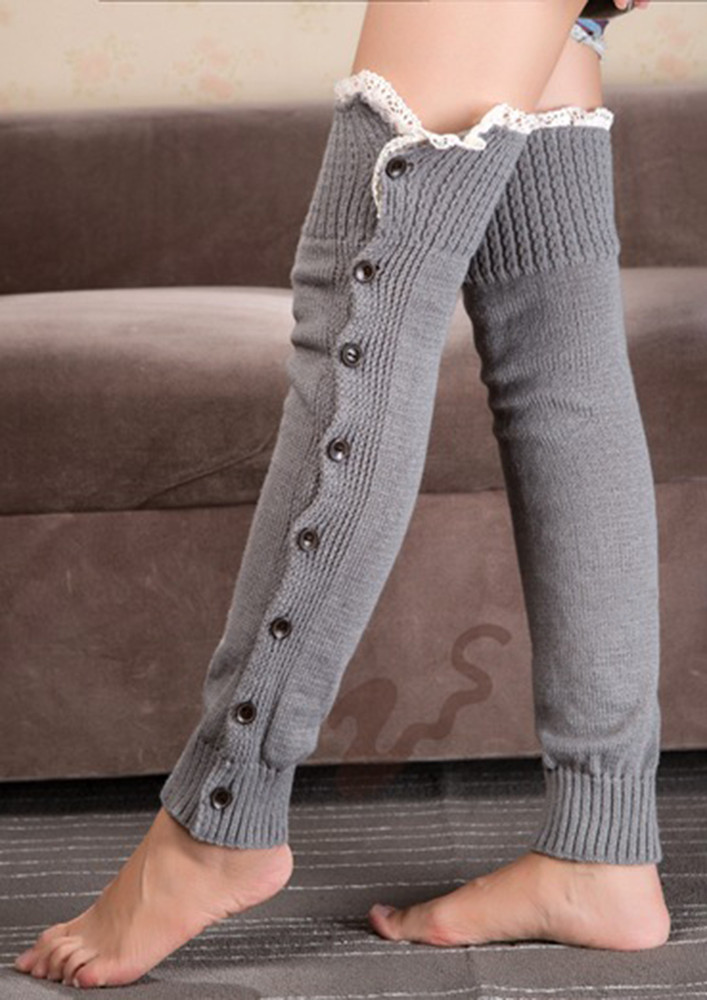 Contrast Buttoned Lace Trim Grey Leg Warmer