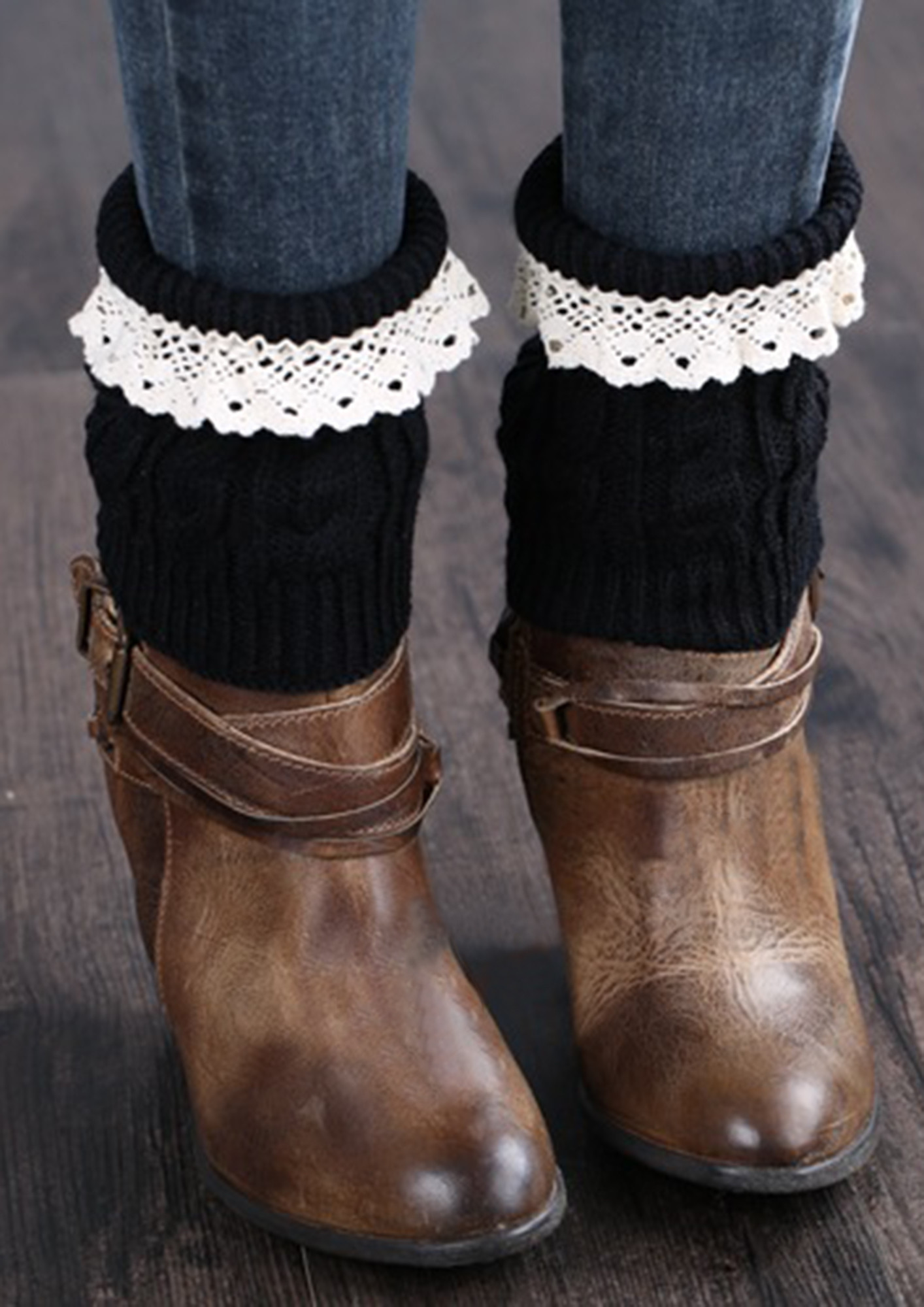 LACE TRIM & RIBBED ACRYLIC BLACK BOOT CUFFS