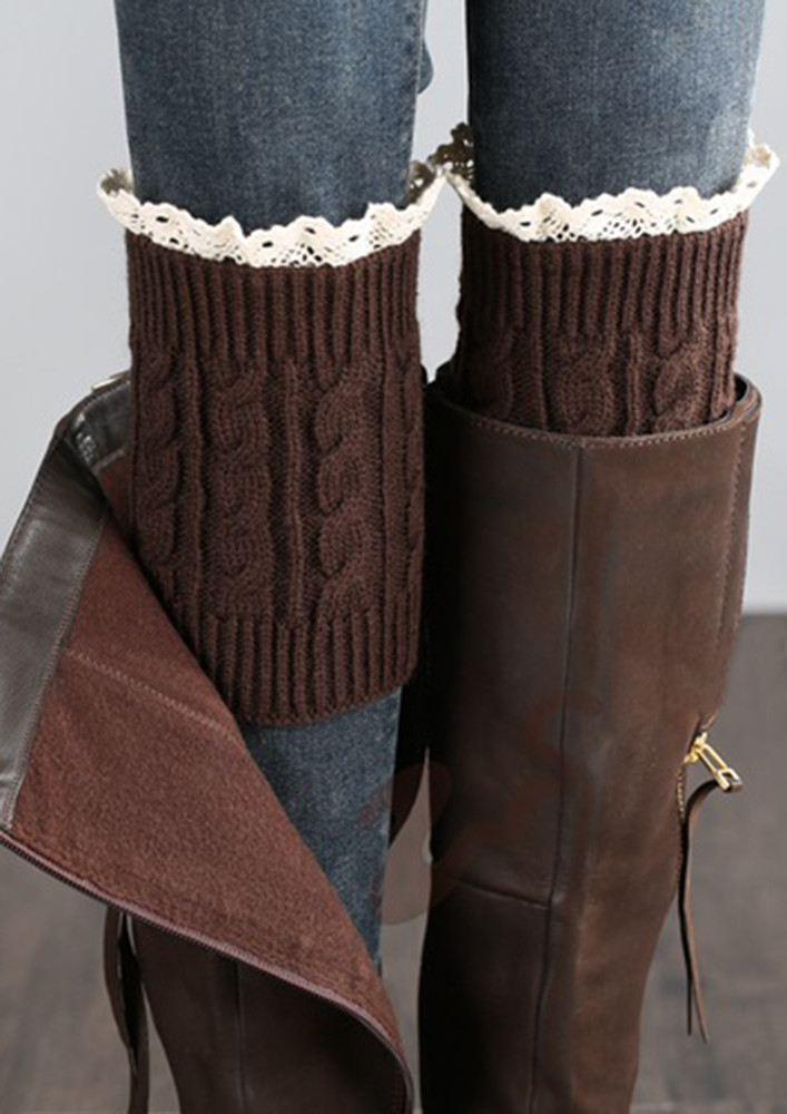 Lace Trim & Ribbed Acrylic Brown Boot Cuffs