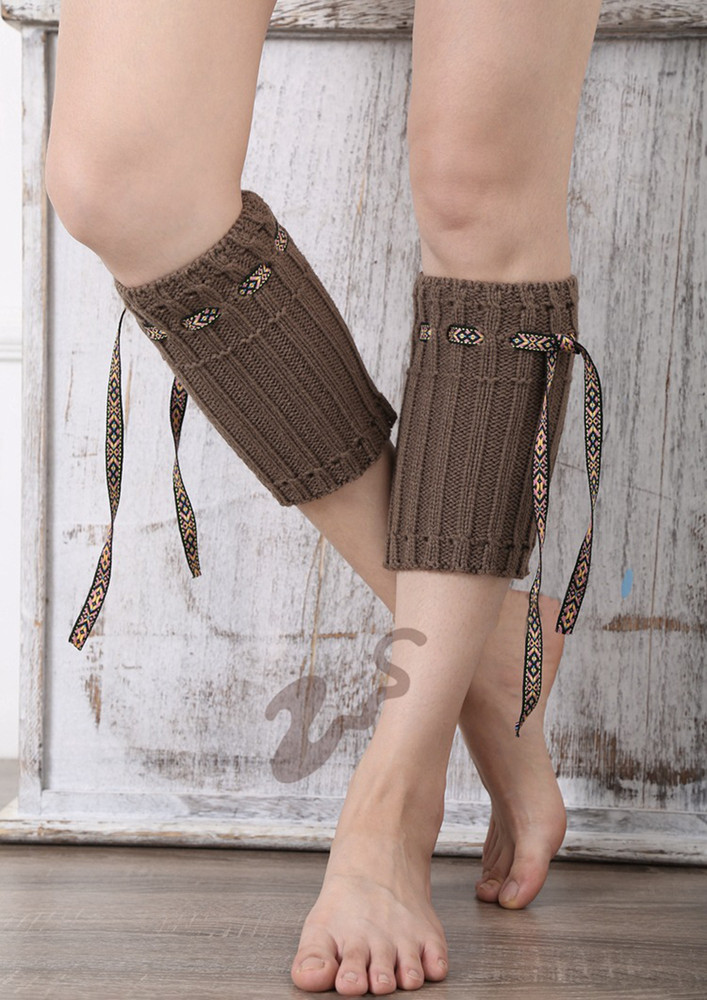 Brown Knitted Bohemian Lace Tie Boot Cuffs