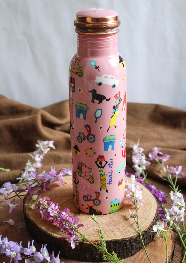 Taal Mell Copper Bottle 1 Ltr with Copper Purity Guarantee Certificate, Free Cotton Bag - Printed Modern Art Pink Design