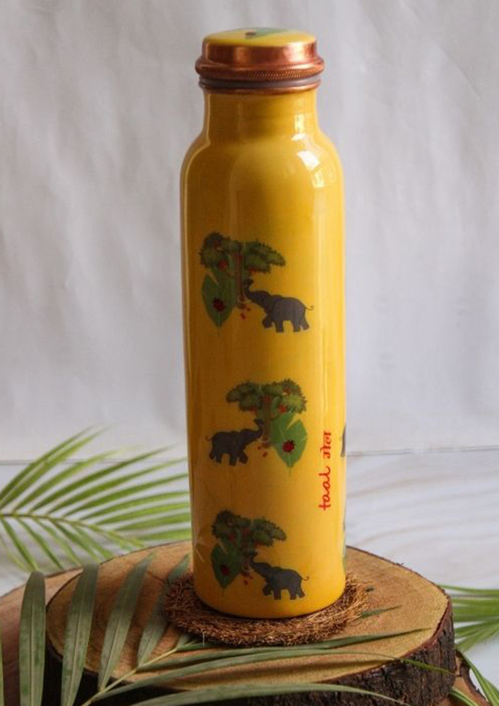 Taal Mell Copper Bottle 1 Ltr with Copper Purity Guarantee Certificate, Free Cotton Bag -Printed  Elephant in Jungle Design