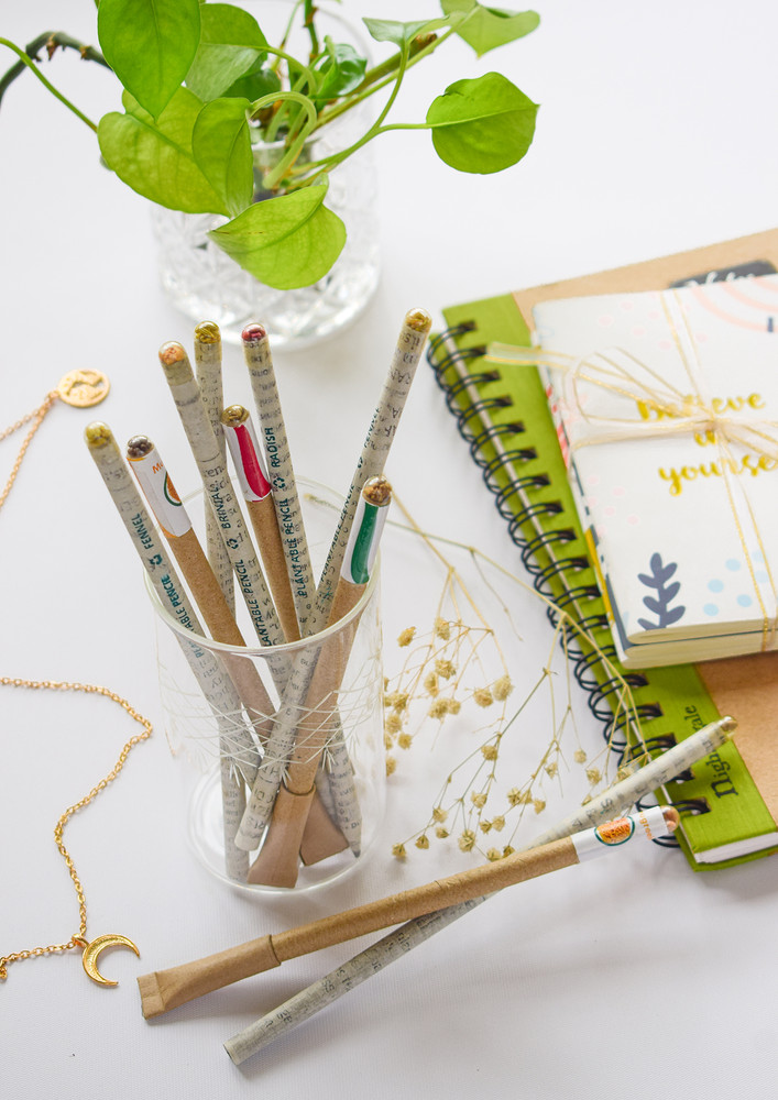 Eco Stationery | Recycled Paper Pencils & Pen with Plantable Seeds - Pack of 4 Pen and 6 Pencils