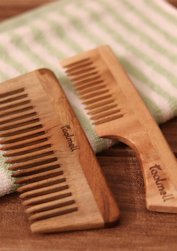 Taal Mell Pure Neem wood Frizz Free Hair Comb, Wide Toothed Tips | Anticbacterial Neem Comb Set of 2