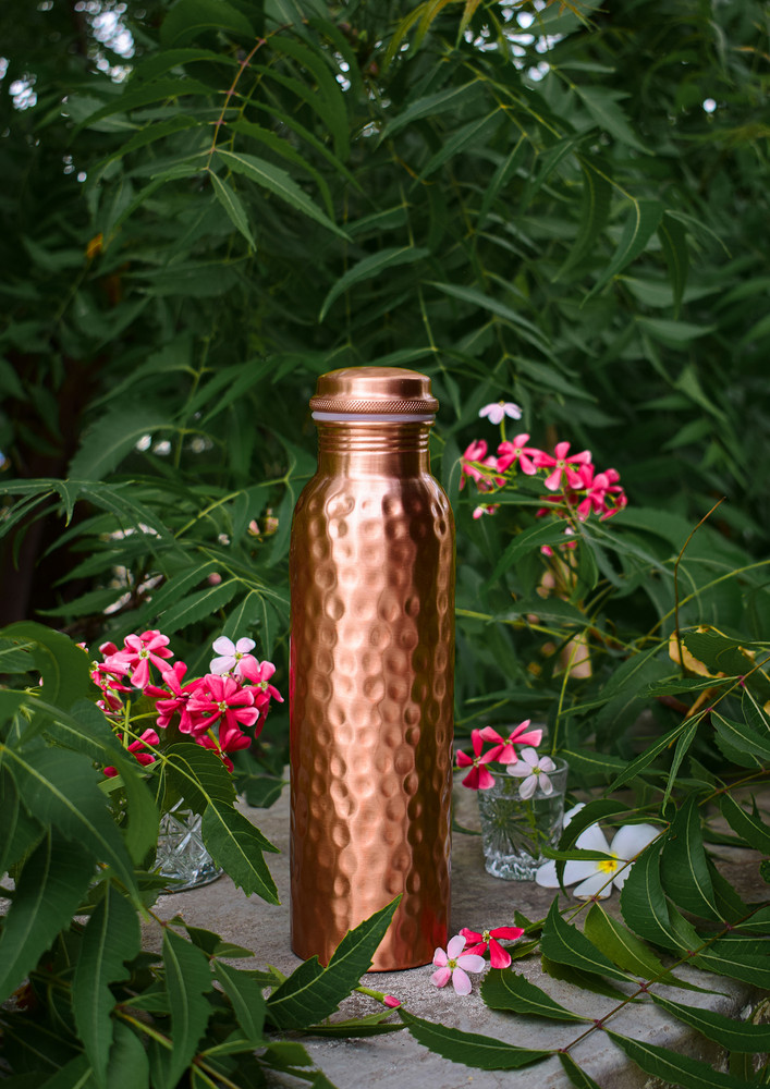 Taal Mell Hammered  Copper Bottle 1 Ltr Copper Purity Guarantee Certificate, Free Cotton Bag