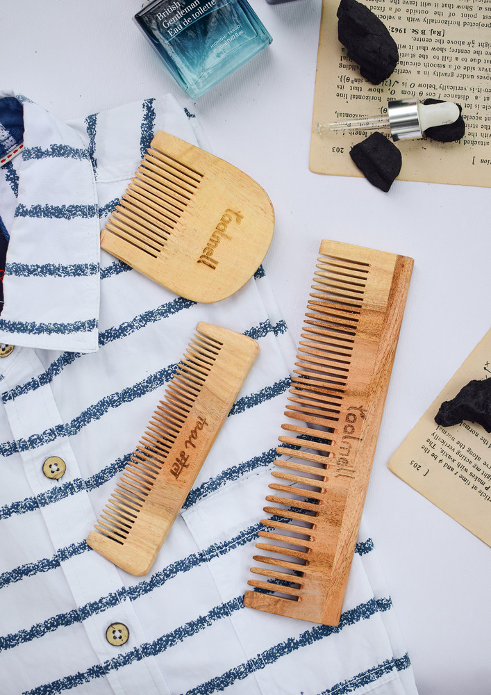 Men's Comb Pack | Pack Of 1 Comb Each| Contains Neem Wood  Beard Comb For Styling And Hair Growth, Dual Tooth Wide Toothed Tip Neem Comb, And A Pocket Neem Comb