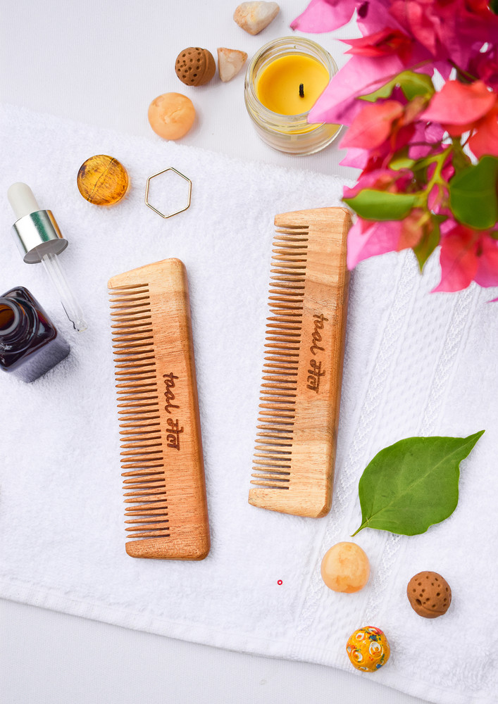 Neem wood Pocket Comb Pack of 2 | Narrow Toothed tips with anti-allergen properties | Anti-fungal neem comb