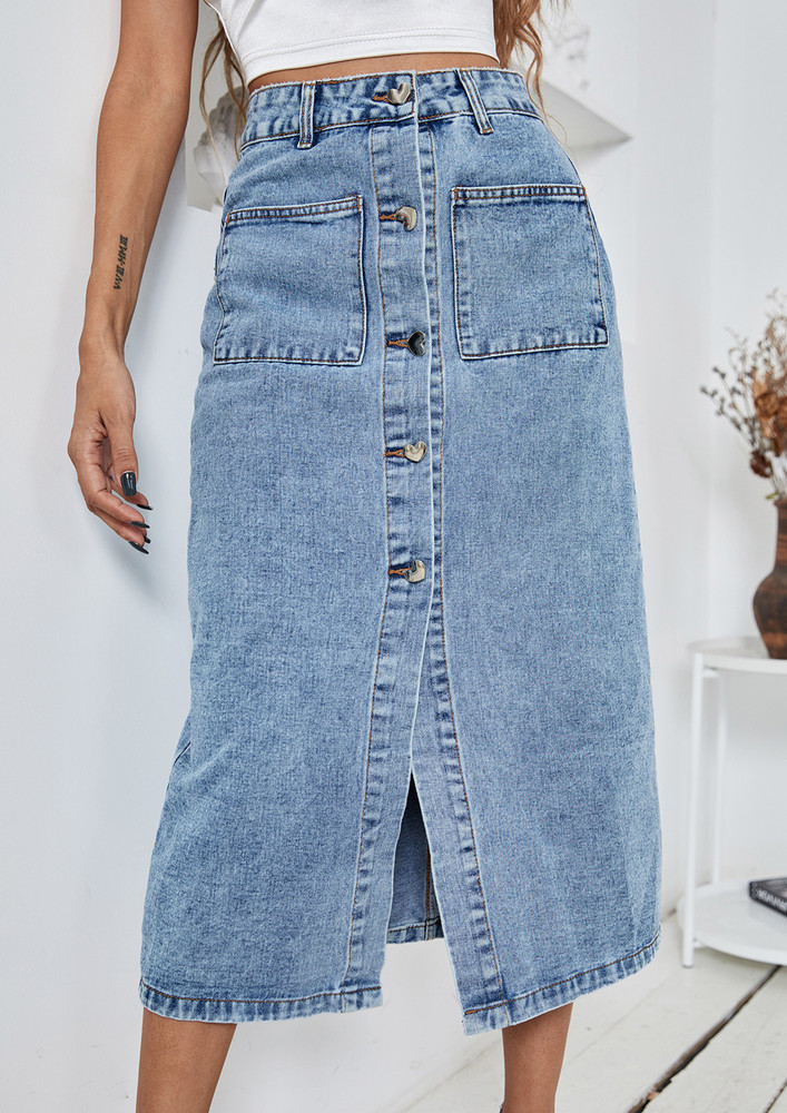 Pocket Front Blue Denim A-line Midi Skirt
